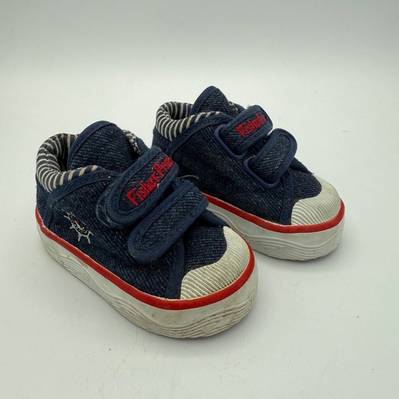 Fisher-Price Other - Fisher Price Toddler Sneakers Size 2 Blue Denim Red Stripe Hook Loop Shoes
